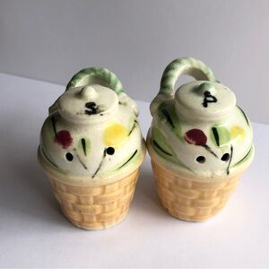 Vintage Salt and pepper small basket flowers handles hand painted 1950’s